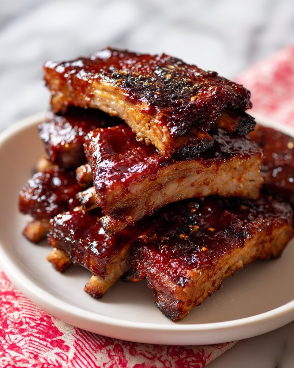 A white plate holds a stack of five BBQ ribs placed close together. Each rib has a shiny, dark reddish-brown sauce covering the surface, with slightly blackened, crisp edges showing some charred texture. The ribs are thick and meaty, with visible bones on the ends. The plate is set on a white marbled surface with a red and white patterned cloth partially visible in the background. photo taken with an iphone --ar 4:5 --v 7