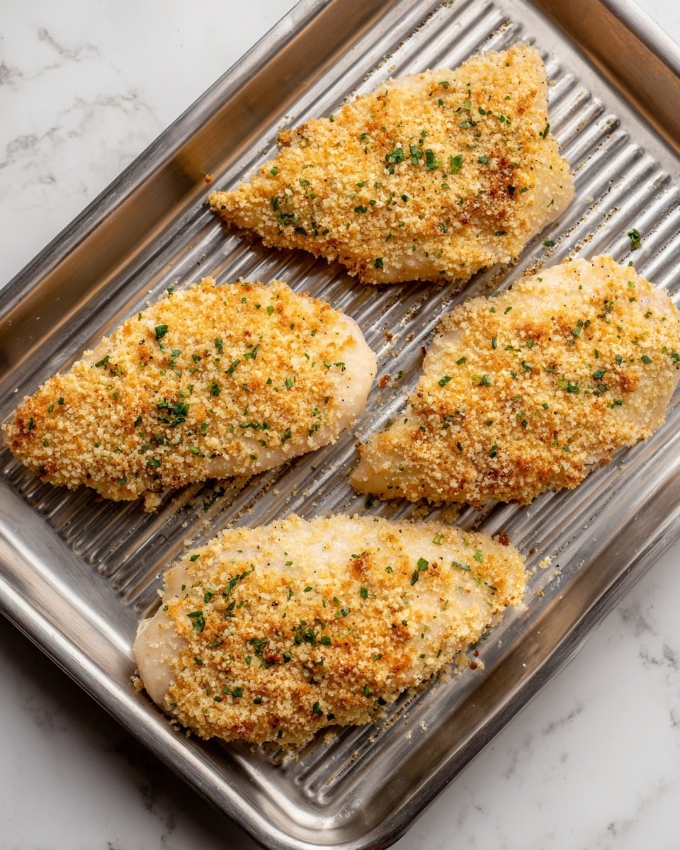 The image shows three large pieces of raw chicken coated in a light brown breading mix, placed on a metal ribbed baking tray. Each piece is fully covered with a crumbly, grainy layer that has different shades of beige and tiny green herb specks. The chicken pieces are spaced apart and arranged diagonally from the top left to the bottom right. The tray sits on a white marbled surface. Photo taken with an iphone --ar 4:5 --v 7