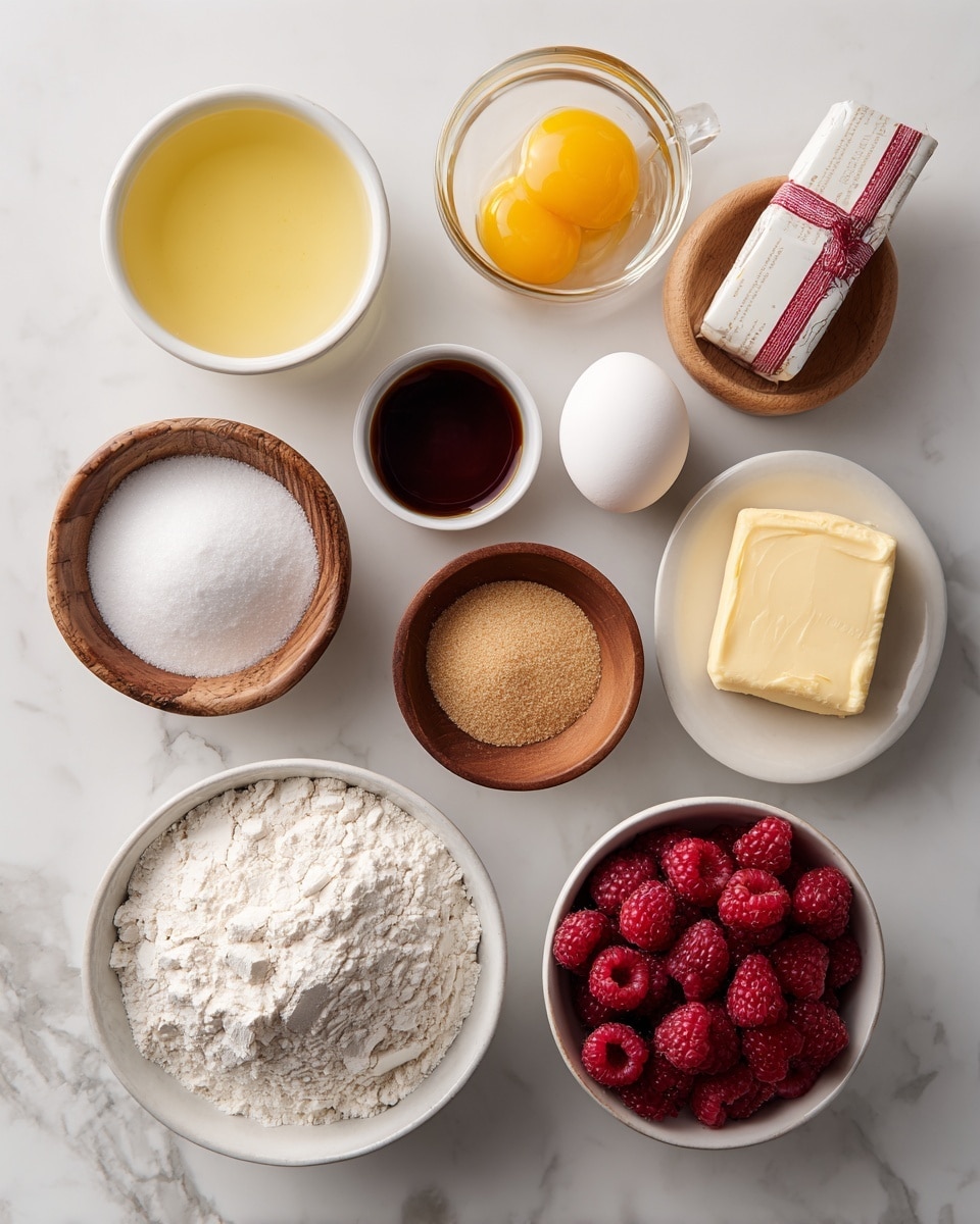 A top-down view of ingredients arranged on a white marbled surface: at bottom right, a white bowl filled with fresh red raspberries. Above it, a small transparent glass bowl with pale yellow lemon juice. To the right of the lemon juice, a stick of butter wrapped in paper with red and white design. Above the butter, a small wooden bowl holding one white egg. To the left of the egg, a small white bowl holding dark brown vanilla extract. Below and to the left of the vanilla, a small wooden bowl filled with white cornstarch. Centered above the lemon juice, a glass bowl with light brown sugar. To the left of the brown sugar, a wooden bowl containing white baking powder. Bottom left holds a full white bowl of all-purpose flour with a slightly rough texture and small chunks on top. Bottom left corner has a white bowl with granulated white sugar. Photo taken with an iphone --ar 4:5 --v 7