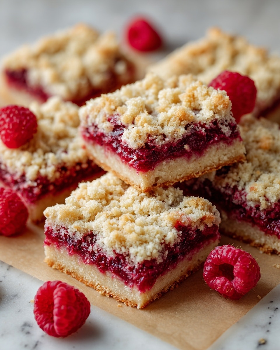 The image shows multiple square raspberry bars laid out on light brown parchment paper over a white marbled surface. Each bar has three distinct layers: the bottom is a golden-brown crust that looks firm and slightly crumbly, the middle layer is a vibrant deep red raspberry filling with whole raspberries mixed in, and the top layer is a light crumbly streusel in a pale golden color scattered unevenly. Around the bars, several fresh whole raspberries are casually placed, adding extra color contrast. The overall texture looks soft and crumbly, with the bright raspberry filling standing out vividly against the light brown and beige tones of the crust and streusel. photo taken with an iphone --ar 4:5 --v 7