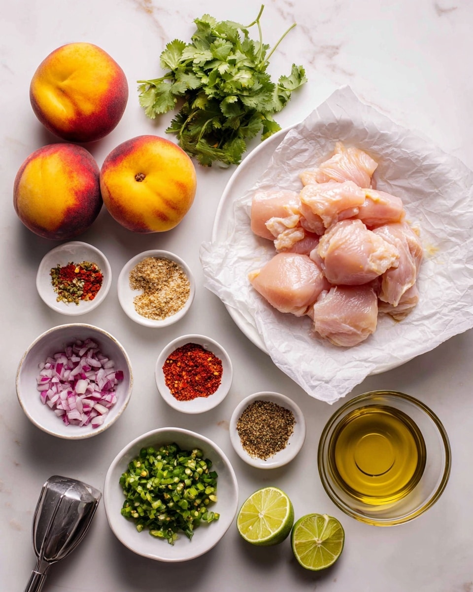 The image shows an overhead view of several ingredients arranged neatly on a white marbled surface. In the center-right, four raw chicken pieces sit on crumpled parchment paper in a white round plate. Above them are three bright yellow-orange peaches with red blushes. Around these main items are small white bowls containing different spices and items: finely chopped red onion in the bottom-left, minced garlic above that, red pepper flakes, smoked paprika, cumin, black pepper mixed with salt, chopped green cilantro, and diced green jalapeño. A clear glass cup filled with golden olive oil is placed to the right. At the bottom-left corner, there is a metal lime squeezer next to two lime halves. The colors range from the light pink of the chicken, the deep green of cilantro and jalapeño, the vibrant red and orange of the peaches, to the warm brown, red, and yellow spices, all arranged cleanly and clearly. photo taken with an iphone --ar 4:5 --v 7