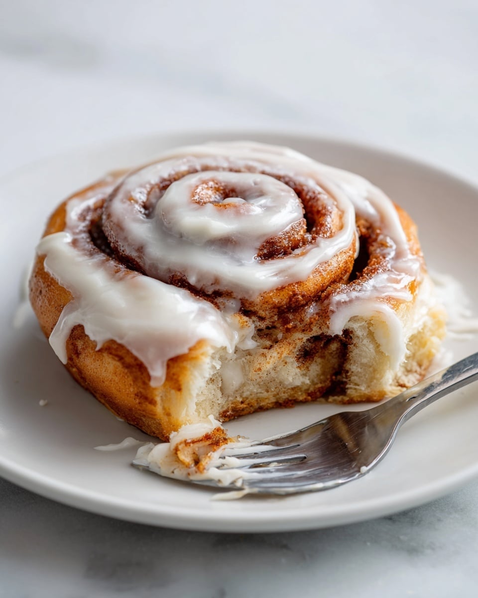A round cinnamon roll with three visible spiral layers in brown dough, covered with a thick white creamy icing that spreads unevenly over the top and sides, showing patches of the warm brown cinnamon swirl underneath. The cinnamon roll sits on a white plate on a white marbled surface. One slice is lifted slightly by a flat metallic spatula, exposing its soft texture and swirled layers of cinnamon inside. photo taken with an iphone --ar 4:5 --v 7