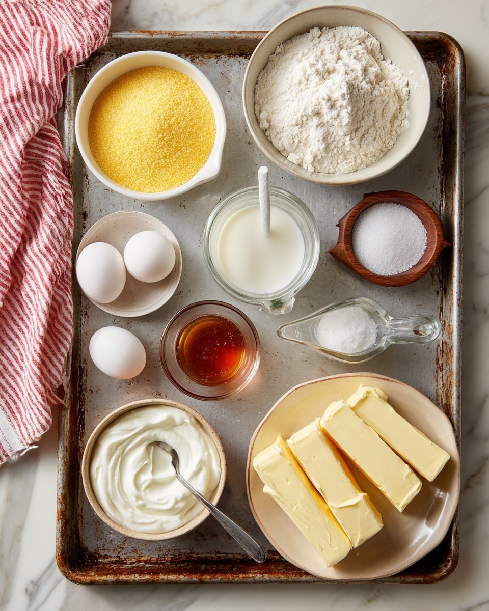 A weathered metal tray displays several ingredients for baking on a white marbled surface. At the top left, a white bowl filled with yellow cornmeal rests next to a glass bowl with white flour, while a small white bowl holds white baking powder at the top right. A transparent measuring cup with white milk sits below the flour, and a white bowl contains two whole white eggs nearby. At the bottom left, a clear jug holds amber honey, and next to it, a white bowl filled with creamy white Greek yogurt has a white spoon inside. A beige plate at the bottom right holds several pale yellow rectangular slices of butter arranged in two neat rows, with a small wooden bowl containing white salt above it. A red and white striped cloth is partially visible in the top left corner. photo taken with an iphone --ar 4:5 --v 7