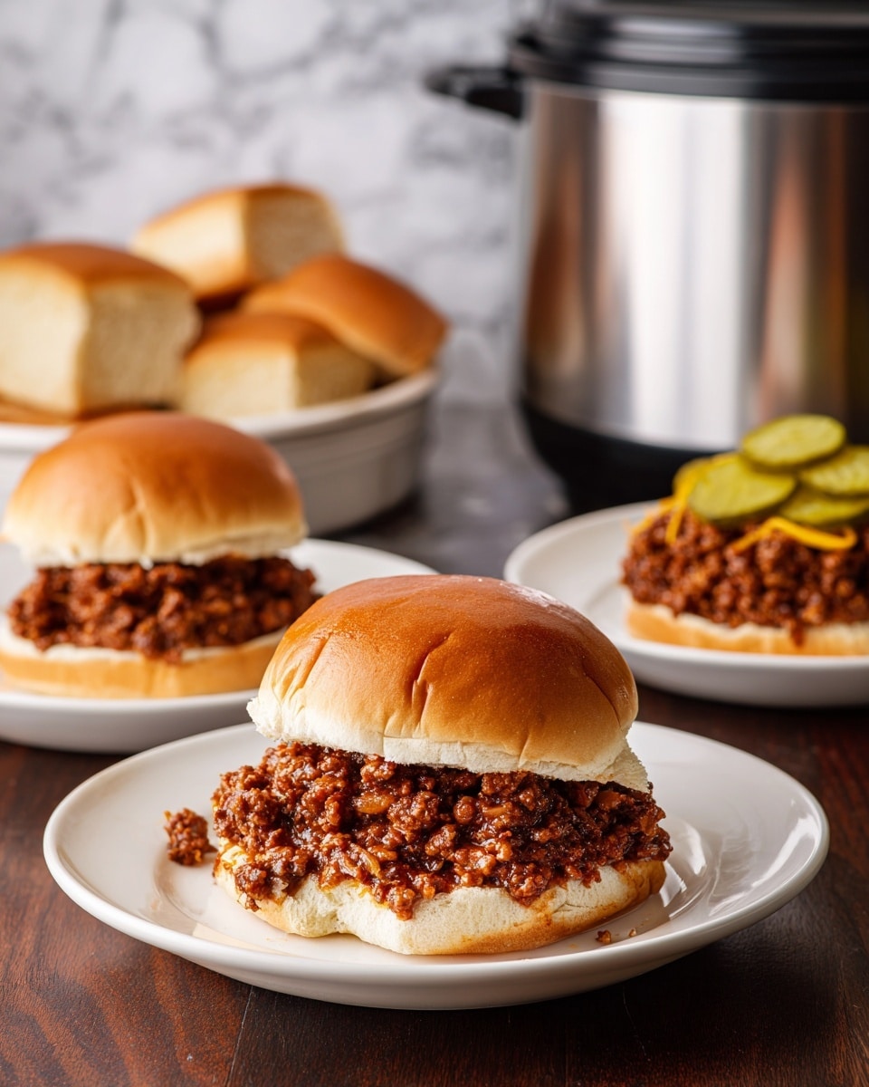 The image shows three sloppy joe sandwiches, each placed on a white plate, all sitting on a dark wooden table next to a silver slow cooker. The sandwich in the front is partly eaten, revealing a thick layer of cooked ground beef mixed with small pieces of onions and a bit of yellow mustard underneath a soft, shiny, light brown bun. Behind it, there is a whole sandwich with the same filling inside a similar bun on another white plate. To the right, an open sandwich on a white plate has several green pickle slices on top of the ground beef and drizzled with yellow mustard. In the background, there are packages of soft bread rolls visible. The scene is set on a white marbled texture photo taken with an iphone --ar 4:5 --v 7
