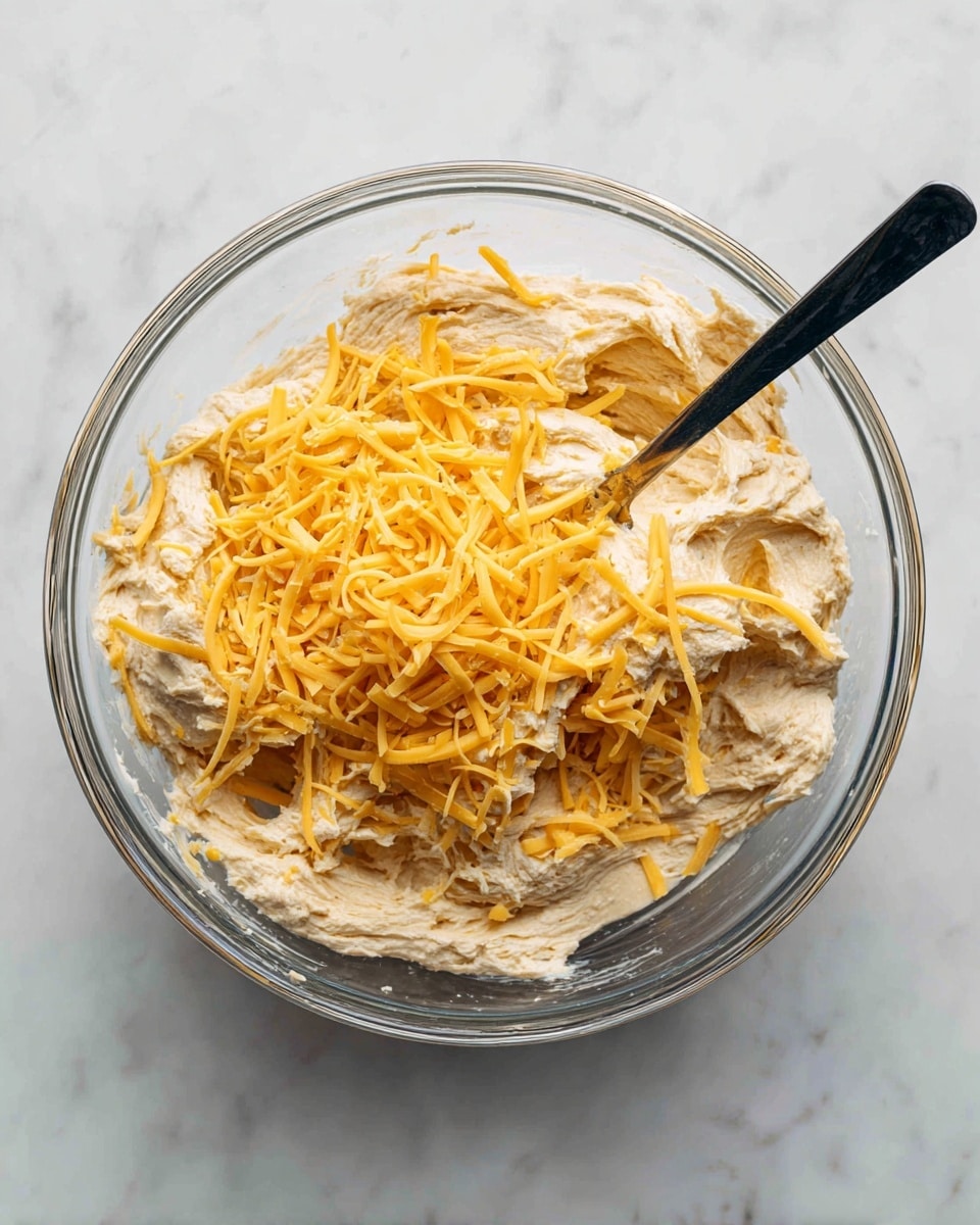 A clear glass bowl sits on a white marbled surface, filled with a thick, light beige dough-like mixture. On top of the dough, there is a generous layer of shredded yellow cheddar cheese, with thin, uneven strips scattered widely across the dough. A black spoon with a smooth texture is partially sunken into the mix, its handle leaning towards the upper right corner of the bowl. The overall look shows the cheese sitting just on the surface, ready to be mixed in. photo taken with an iphone --ar 4:5 --v 7
