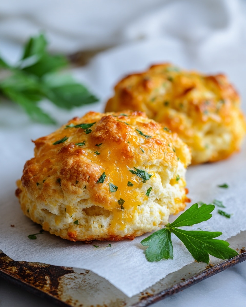 Two round, golden-brown cheese biscuits sit on a sheet of white parchment paper over a baking tray with a dark, worn metal edge. Each biscuit has a textured top with melted, slightly orange cheese baked in, giving a shiny and crispy look. Small green parsley bits are scattered on and around the biscuits, adding a fresh touch. The close-up view emphasizes the soft, fluffy texture of the biscuits and the melted cheese with some crispy edges. A single green parsley leaf is beside the biscuit in the background. The surface underneath is a white marbled texture. photo taken with an iphone --ar 4:5 --v 7