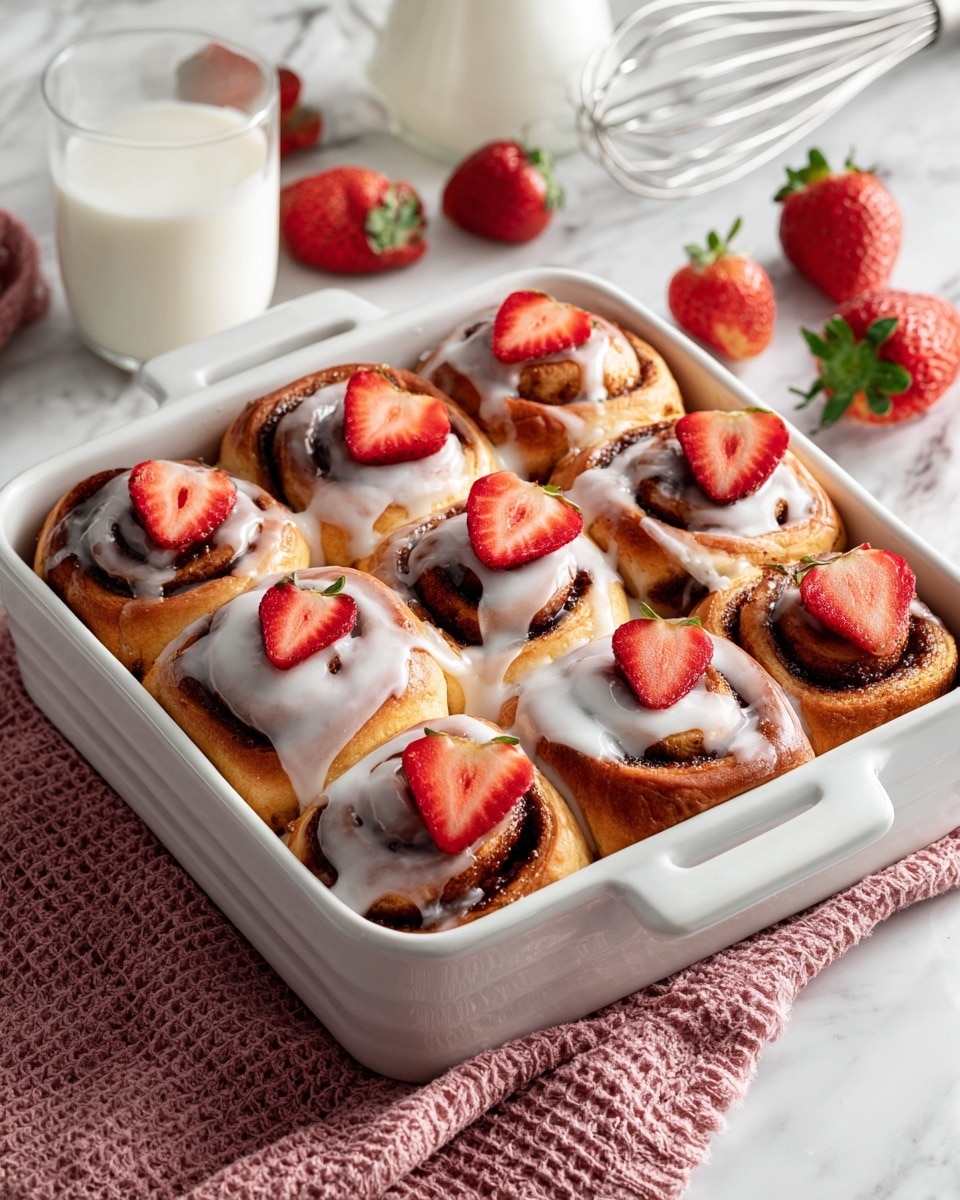 A white rectangular baking dish holds nine cinnamon rolls arranged in a 3x3 grid. Each cinnamon roll has a golden-brown baked dough base swirled with a dark brown cinnamon filling, topped with a glossy white icing that drips slightly down the sides. Fresh red strawberry slices are placed on top of each roll, adding a bright pop of color. The dish rests on a white marbled surface, with a pink textured cloth partially visible on the side. In the background, there are two glasses of milk, whole and sliced strawberries scattered around, and a silver whisk. photo taken with an iphone --ar 4:5 --v 7