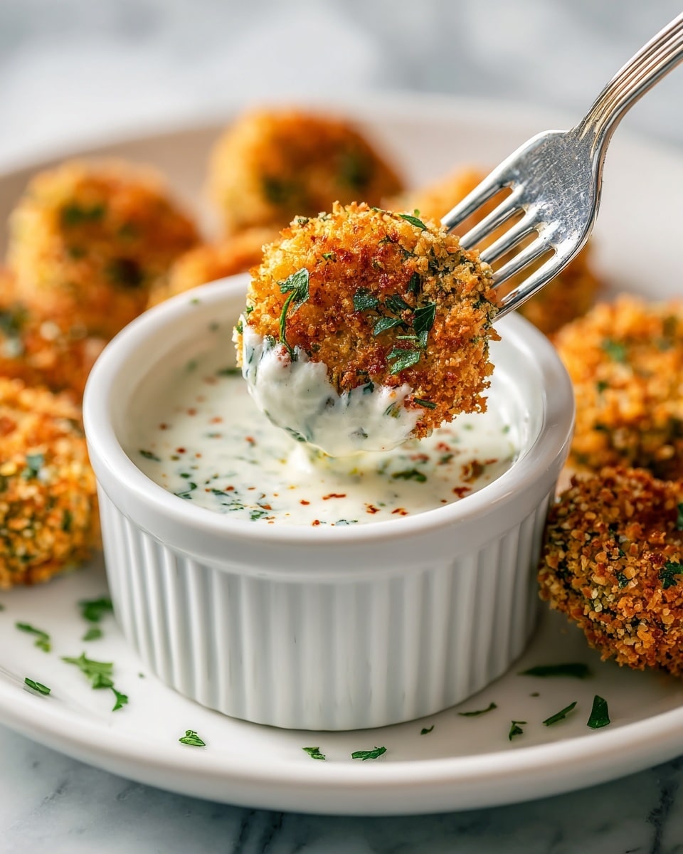 A silver fork is holding one crispy round chip covered with a golden-brown crunchy coating mixed with green herbs, dipping into a white ribbed ramekin filled with creamy white sauce flecked with green herbs and red spices; below the ramekin, there is a white plate with multiple similar chips arranged, all on a white marbled surface with some blurred green herbs in the soft background, photo taken with an iphone --ar 4:5 --v 7