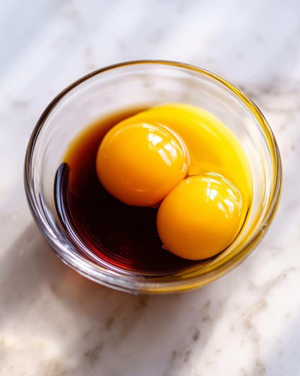 A close-up view of a clear glass bowl filled with a dark brown liquid. Inside the liquid, an egg yolk is whole and round with a bright yellow color, while another egg yolk next to it is partially broken, with smooth streaks of yellow spreading in the liquid. The bowl sits on a white marbled surface that reflects some light softly. photo taken with an iphone --ar 4:5 --v 7