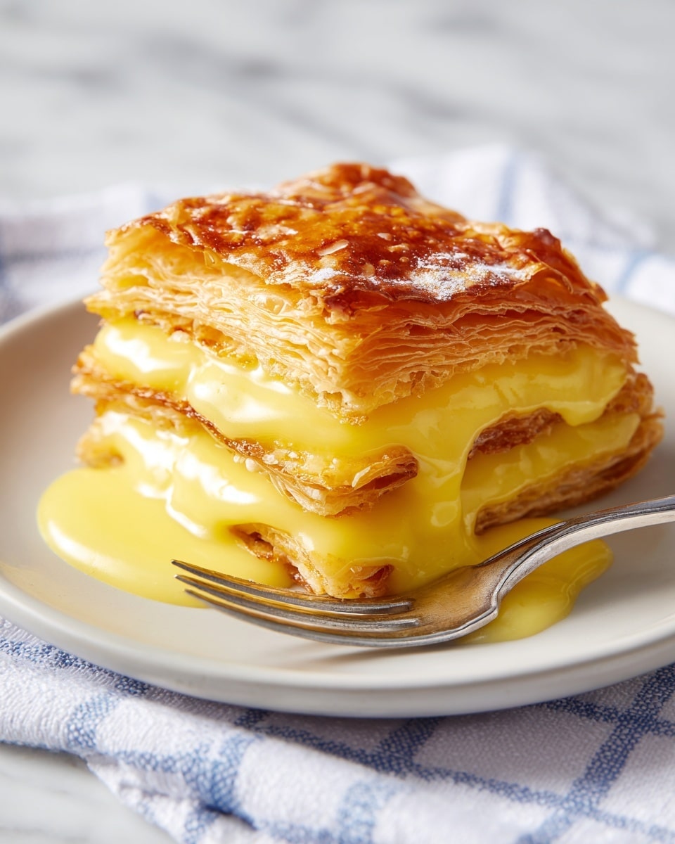 A close-up view of a flaky pastry piece held on a silver fork, showing three layers of golden-brown, crisp pastry with a shiny, smooth, thick yellow sauce layered on top. The pastry is on a white plate with a soft white and blue checkered cloth underneath, all set on a white marbled surface. The sauce appears creamy and glossy, covering the top and some sides of the pastry, creating a rich texture contrast. Photo taken with an iphone --ar 4:5 --v 7