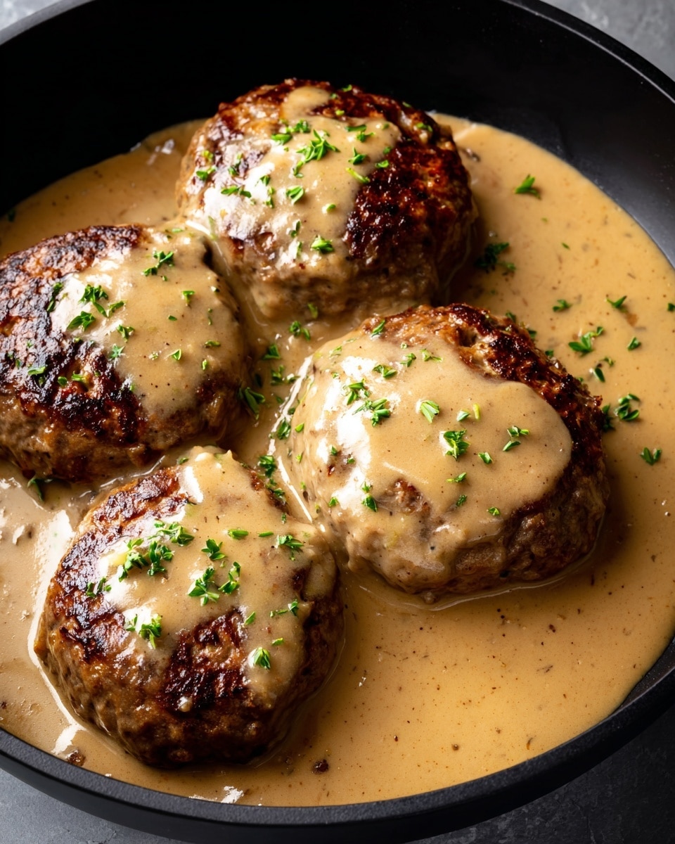 Four brown meat patties covered in thick light brown gravy with small green herb pieces sprinkled on top, all placed inside a black dish on a white marbled background, the gravy looks creamy and smooth with some visible small bits, the meat patties show a slight seared texture under the sauce photo taken with an iphone --ar 4:5 --v 7