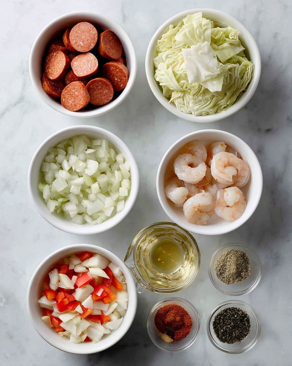 The image shows six white bowls and one clear glass measuring cup arranged in a grid on a white marbled surface. The top row has three bowls: the left bowl contains sliced reddish sausage pieces with a smooth texture; the middle bowl is filled with large, uneven pieces of pale green and white cabbage; the right bowl holds raw shrimp coated lightly with reddish powder. The bottom row has three bowls and a cup: the left bowl holds chopped white onions, green and red bell peppers, and minced garlic piled in layers; the middle is a clear glass measuring cup filled halfway with light yellowish liquid; and the right bowl contains an arranged mix of different dry spices in small separate piles, showing colors of pink, black, green, brown, and red. photo taken with an iphone --ar 4:5 --v 7