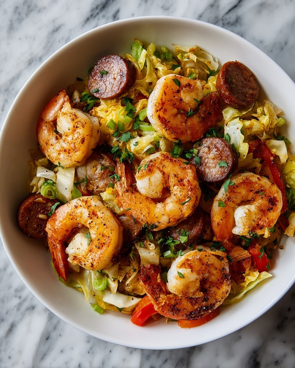 The image shows a white bowl filled with a colorful mix of cooked food. There are five large shrimp with an orange-pink color spread on top, each with light grill marks and a slightly curled shape. Under the shrimp, there are soft pieces of light green cabbage mixed with a few bright red and green bell pepper chunks. Brown sausage slices are scattered throughout the bowl, adding a rich, dense texture. The food looks juicy and seasoned with small green herbs sprinkled over the top. The bowl is placed on a white marbled surface. photo taken with an iphone --ar 4:5 --v 7