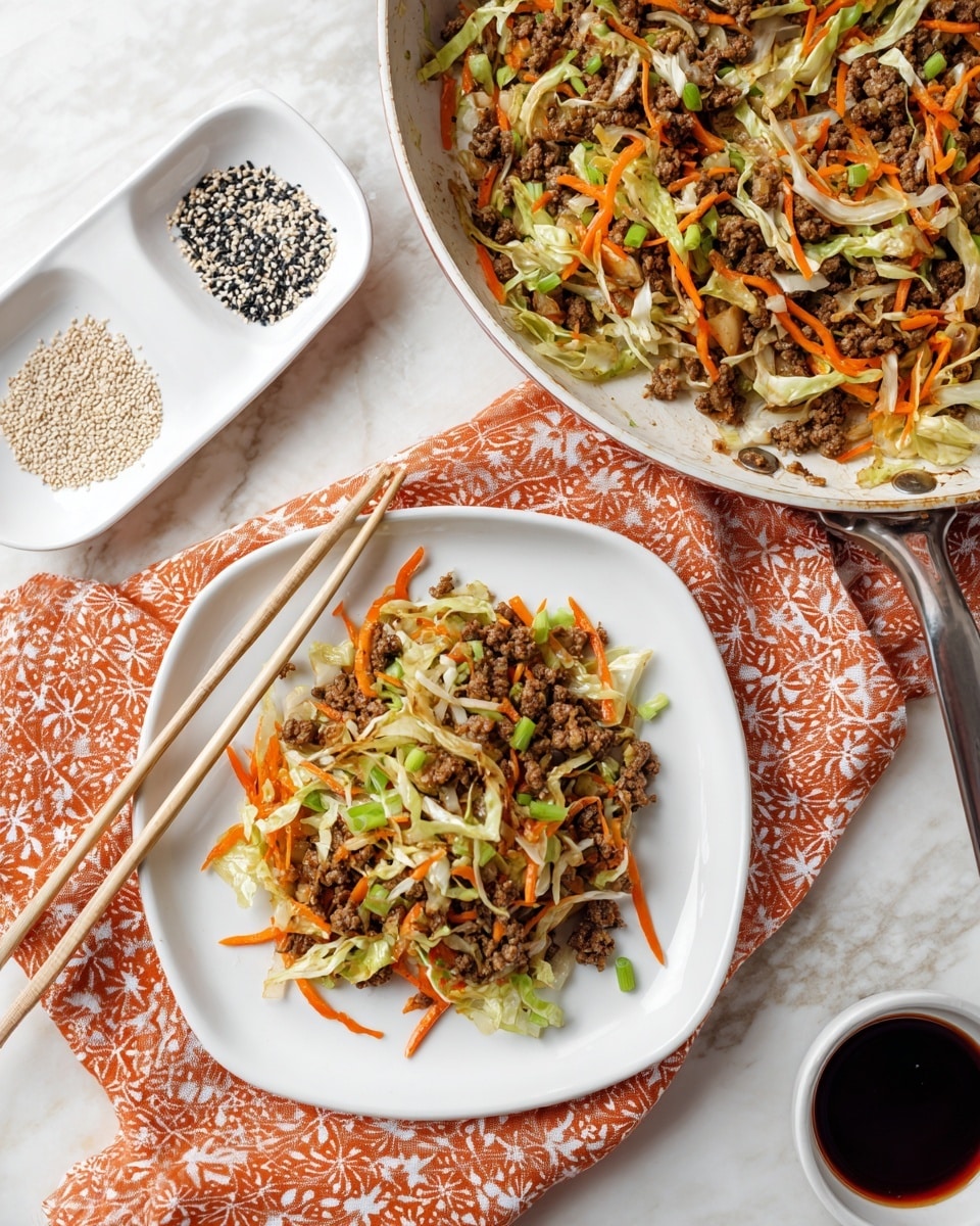 A white square plate holds a serving of stir-fried food made with small pieces of browned ground meat mixed with shredded orange carrots and pale green cabbage, scattered with small green onion slices. The plate sits on a white marbled surface with light-colored chopsticks resting on its left side. Above it, a white pan filled with the same stir-fried mixture is placed on an orange cloth with white patterns. To the side, a small white divided dish contains black and white sesame seeds, and a small square white dish with dark soy sauce is visible near the plate. The photo taken with an iphone --ar 4:5 --v 7