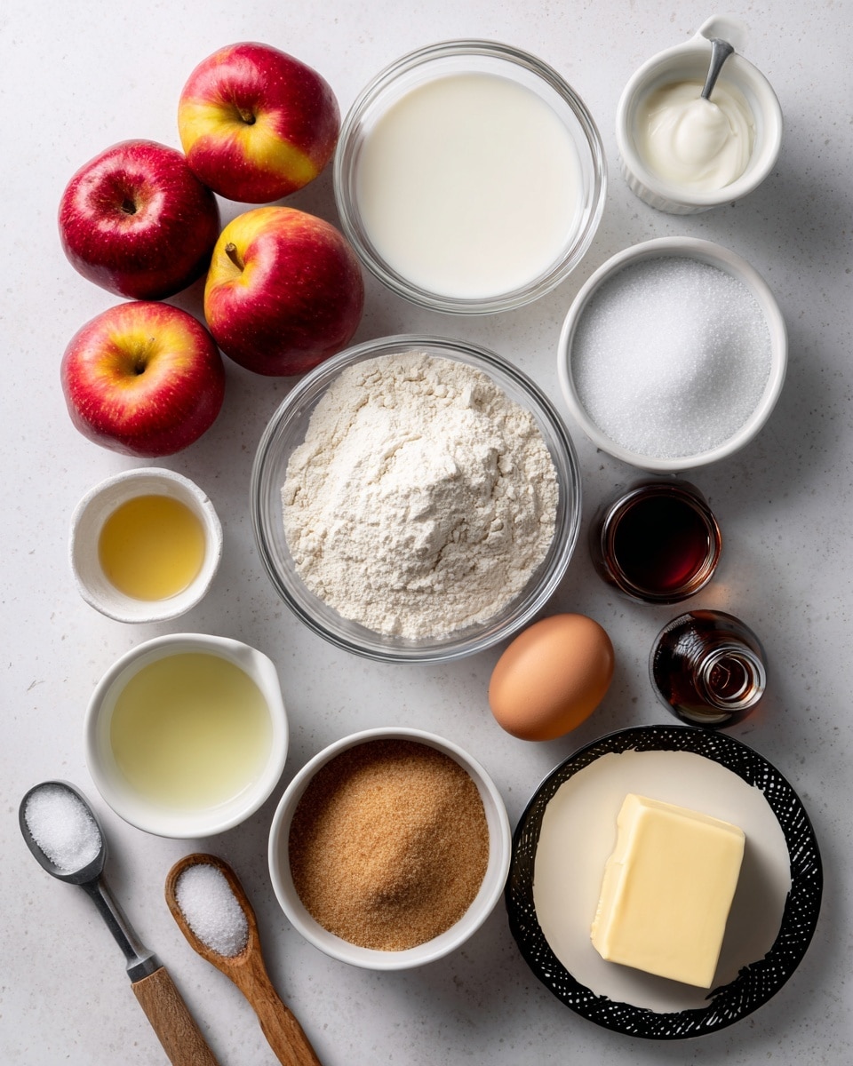 The image shows a flat white marbled surface with a neat arrangement of ingredients for baking. On the upper left, there are three red and yellow apples with smooth skins. Below them, a clear round bowl holds white flour with a small hollow in the middle. Next to it, a small white bowl contains pale yellow oil. At the center top, there is a clear bowl filled halfway with white milk, and next to it, another clear bowl is filled with white granulated sugar. On the right of the sugar bowl lies a small glass bottle of dark brown vanilla extract. Below these, a white bowl brims with light brown sugar granules. To its right, a white egg rests on the surface. Below the egg, a small black patterned dish contains a solid block of yellow butter. On the right side, two small metal measuring spoons hold white salt and brown cinnamon powder, placed side by side. On the bottom left, a small wooden-handled spoon contains a white powder labeled as baking powder. The overall arrangement is tidy with good lighting and a soft shadow effect. Photo taken with an iphone --ar 4:5 --v 7