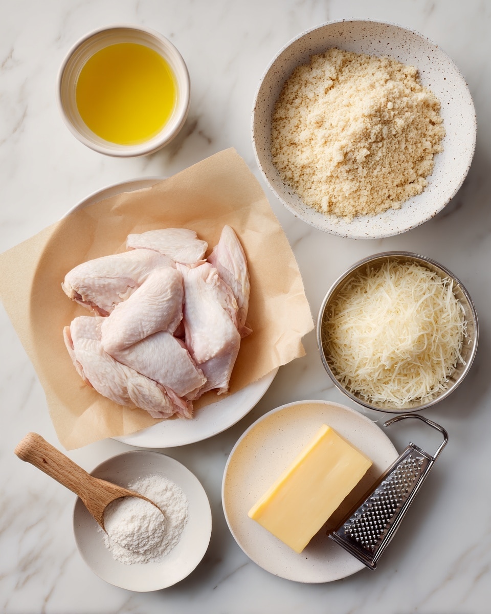 The image shows six cooking ingredients on a white marbled surface. In the center, there is raw chicken on light brown parchment paper in a white plate. To the top right, there is a white speckled bowl with a light beige crumb mixture. Below that, a small steel bowl has grated cheese with a yellow block of hard cheese and a wooden-handled grater to its right. At the bottom left, a small white plate holds a white powder and a wooden measuring spoon with some powder inside. At the top left, a small white bowl contains a yellow liquid. photo taken with an iphone --ar 4:5 --v 7