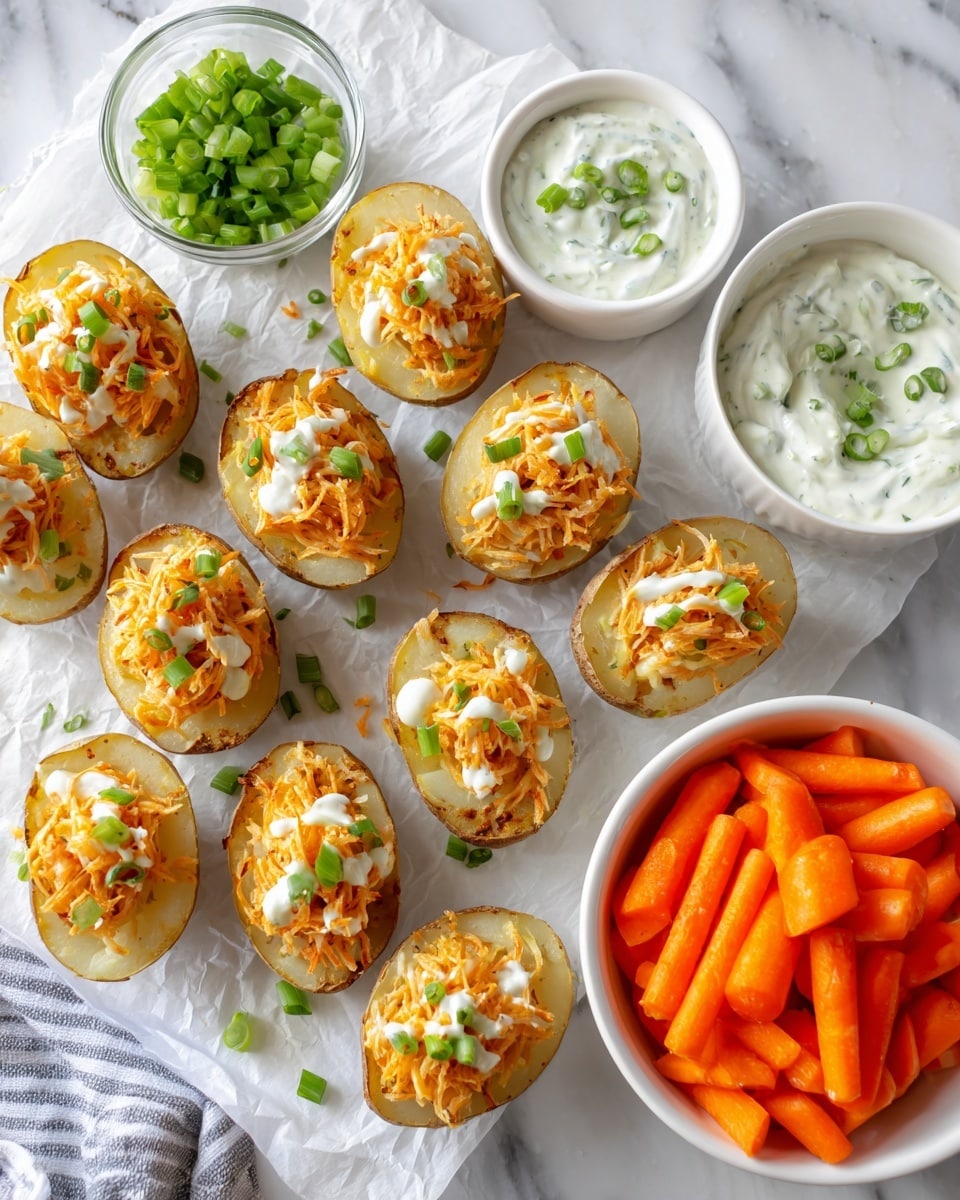 The image shows eleven potato halves with an orange shredded filling, placed on white parchment paper over a white marbled surface. Each potato half is topped with a light drizzle of white sauce and small green onion pieces scattered over the filling. Near the potatoes, there is a small clear bowl of chopped green onions, a white bowl of creamy white sauce with herbs, and another white bowl filled with bright orange baby carrots. The overall scene is bright and clean with a focus on the colorful, textured food items. photo taken with an iphone --ar 4:5 --v 7