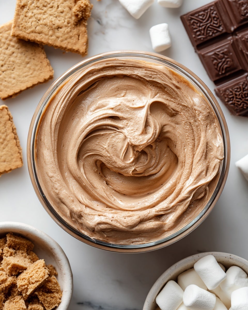 A glass bowl filled with creamy milk chocolate mousse shown from above. The mousse is smooth with thick swirls and waves, light brown in color with a soft texture. The bowl is placed on a white marbled surface. Around the bowl are broken pieces of light tan graham crackers at the bottom left, a small white bowl filled with mini white marshmallows at the bottom right, and a few pieces of dark chocolate with embossed patterns at the top left. Photo taken with an iphone --ar 4:5 --v 7
