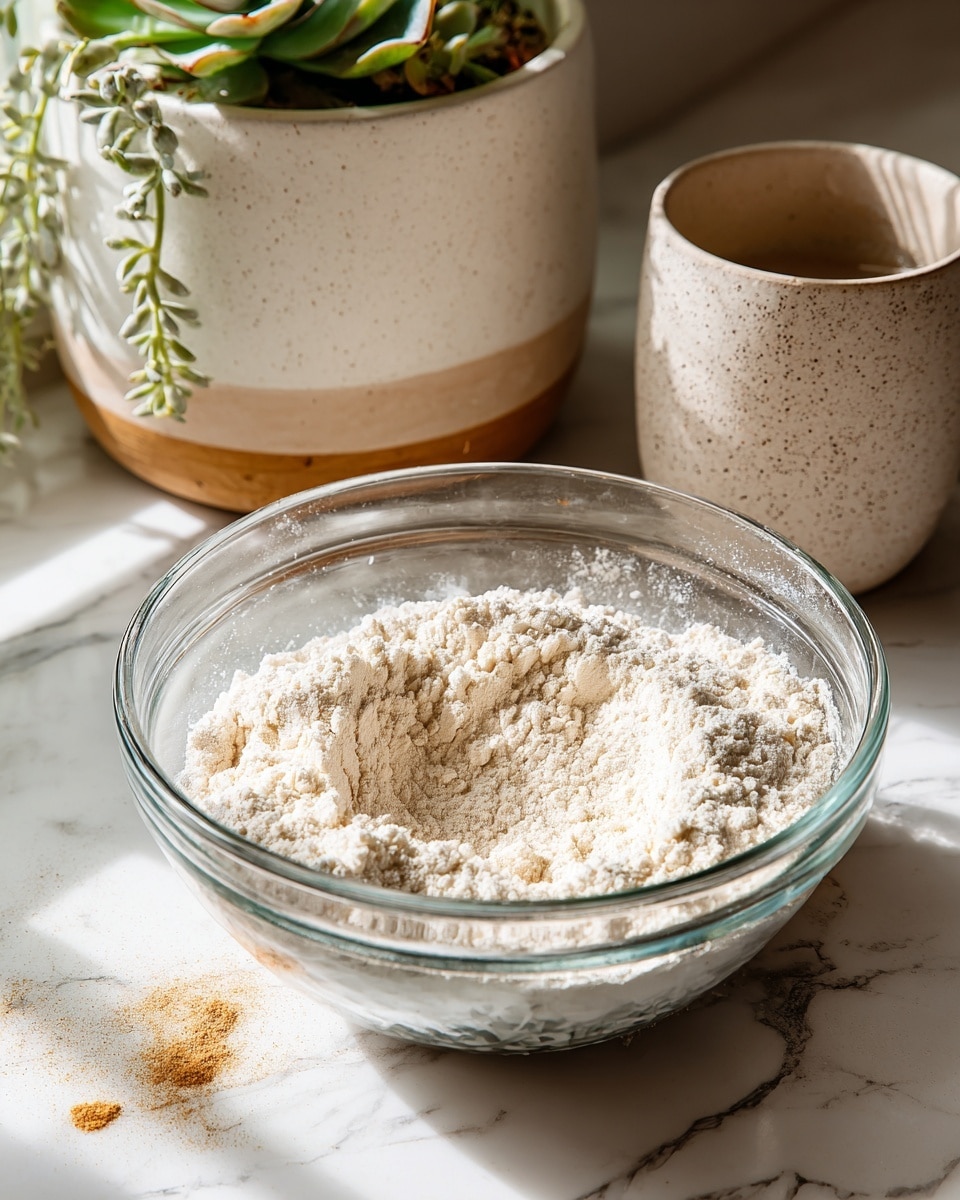A clear glass bowl filled with white flour and a few light brown spices on top, with the flour slightly mixed to form a shallow well in the center. The bowl sits on a white marbled surface with soft natural light casting gentle shadows. In the background, there is a two-tone ceramic planter with green trailing succulent leaves hanging down, and a speckled light beige ceramic mug beside it. Photo taken with an iphone --ar 4:5 --v 7