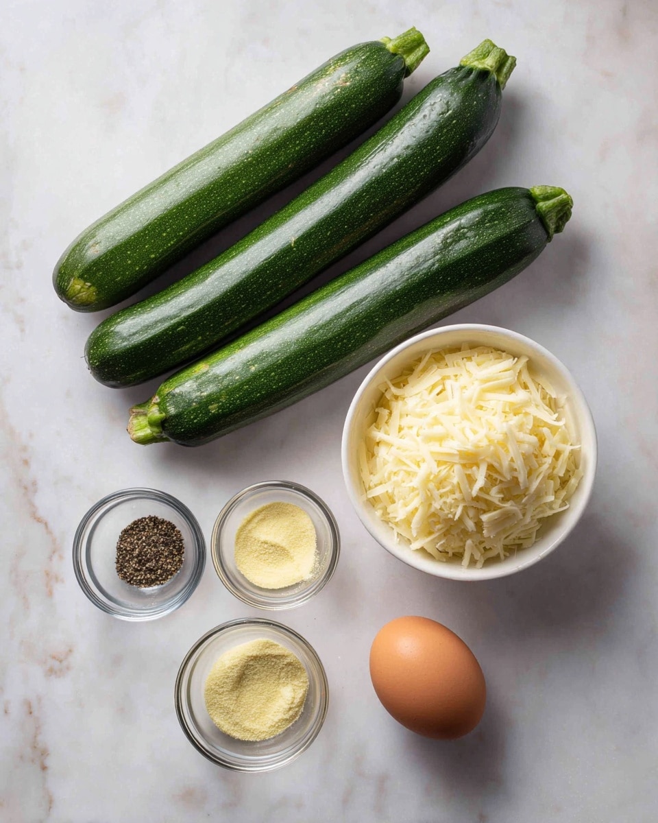 The image shows six food items placed on a white marbled surface. There are two long, green zucchinis with smooth shiny skin lying parallel near the top. To the right of the zucchinis is a small white bowl filled with light yellow grated parmesan cheese, showing a fine grain texture. Below the zucchinis and cheese are three smaller glass bowls; the left bowl contains black pepper which looks finely ground and dark, the middle bowl holds a yellowish garlic powder with a soft powdery texture, and at the bottom right of the bowls is a single brown egg with a smooth surface. The setup is neat and evenly spaced, with a clean, bright appearance photo taken with an iphone --ar 4:5 --v 7