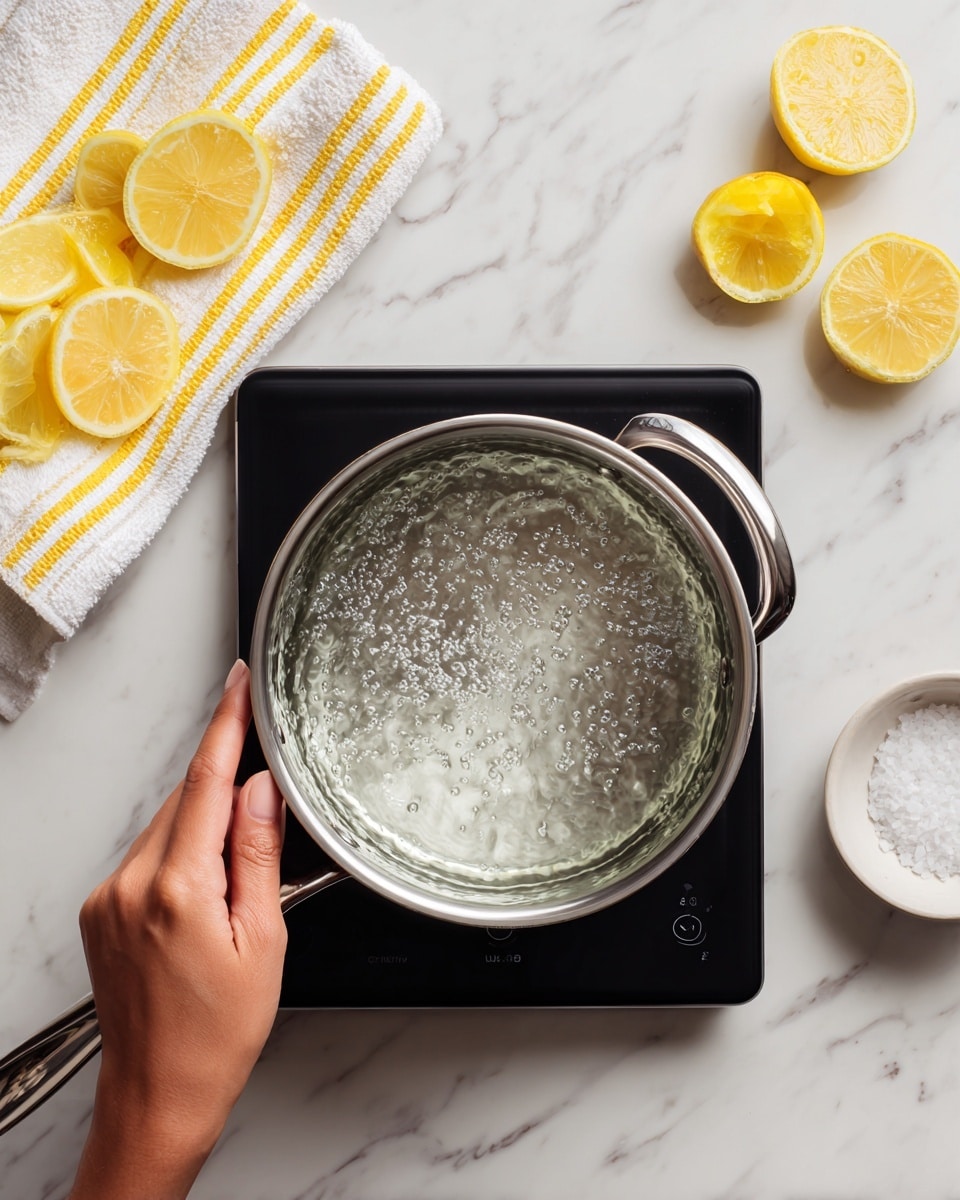 A stainless steel pot sits on a black induction cooktop with clear water inside, gently bubbling as it heats. A woman's hand is holding the pot's handle from the top. To the left of the pot, there is a folded white and yellow cloth with slices of lemon on top. To the right, there are two lemon wedges placed on the white marbled surface and a small white bowl filled with salt. photo taken with an iphone --ar 4:5 --v 7