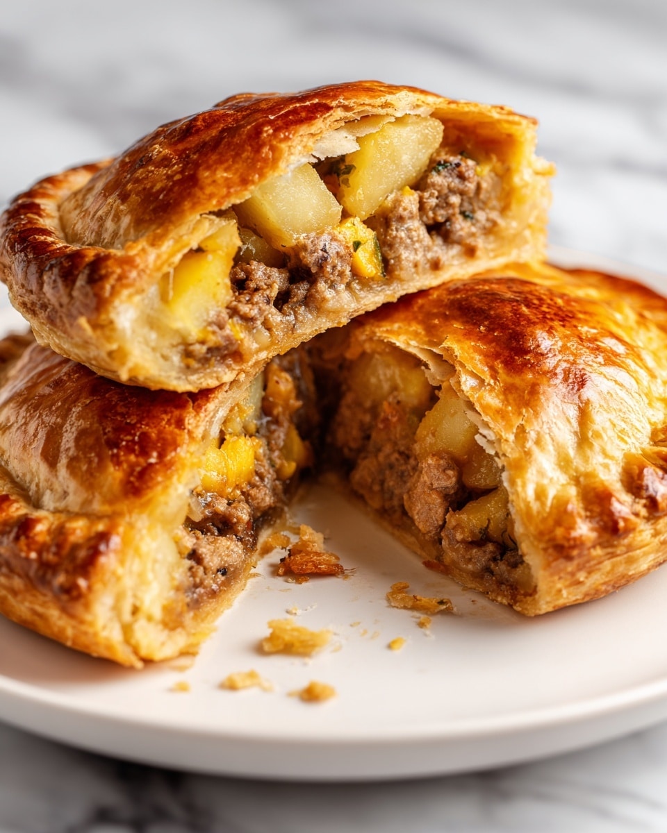 The image shows a golden brown, crispy pastry pie cut in half on a white plate, placed on a white marbled surface. The pie crust looks flaky and light with cracks showing some soft crumbs around it. Inside, there are three main filling layers visible: chunky pieces of cooked meat in a dark brown color, soft light yellow potato cubes, and orange sweet potato cubes, all mixed together. The cut edges reveal the filling tightly packed inside the crust. The image captures the warmth and texture of the pie, with crumbs scattered on the plate. Photo taken with an iphone --ar 4:5 --v 7