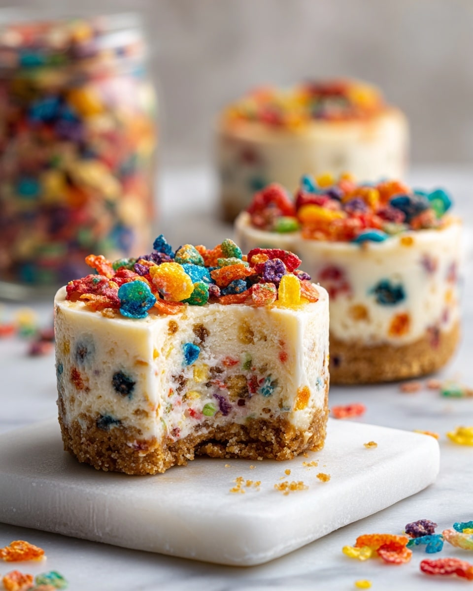 A small round treat sits on a flat white marbled surface with a thick crust base that is light brown with colored crunchy bits mixed in. The middle layer is creamy and pale yellow, speckled with colorful bits of cereal. The top layer is decorated with bright pieces of cereal in red, blue, yellow, orange, green, and purple that add a crunchy look. The front treat has a small bite taken out, showing the layered inside clearly. In the blurred background, another treat with the same colors and layers sits, along with a jar filled with colorful cereal pieces. Photo taken with an iphone --ar 4:5 --v 7