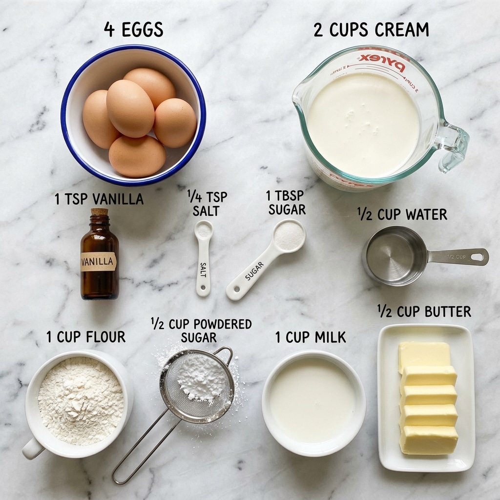 A top-down view shows arranged baking ingredients on a white marbled surface. In the top left, four light brown eggs fill a white bowl with a blue rim. To the right, a clear glass measuring cup holds two cups of cream. Below the eggs, a small clear glass bottle with a cork contains vanilla, and next to it are two white measuring spoons with salt and sugar labels, placed near a metal 1/2 cup measuring cup filled with water. A white cup with flour sits at the bottom left, next to a fine mesh sifter with powdered sugar. On the bottom right, a white bowl holds milk, and next to it, neatly cut sticks of butter lay on a small white plate. The ingredients and utensils are spaced evenly with black handwritten labels showing quantities above each item. photo taken with an iphone --ar 4:5 --v 7