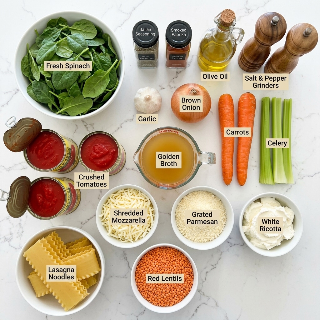 A top view of various cooking ingredients arranged neatly on a white marbled surface, each labeled clearly. There is a white bowl filled with fresh green spinach leaves at the top left. Next to it are small glass jars with black lids, one labeled
