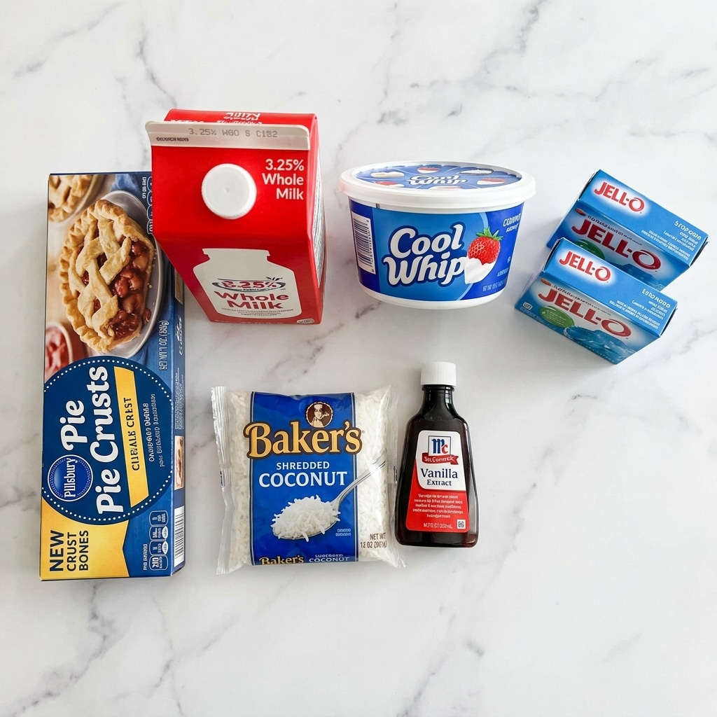 The image shows several cooking ingredients placed on a white marbled surface. There is a box of pie crusts with blue and yellow design, a red carton of milk labeled 3.25%, a container of Cool Whip with a blue label and white lid, a small bottle of vanilla extract with a white cap, a bag of shredded coconut with white and blue packaging, and two boxes of blue Jell-O stacked on top of each other. All items are neatly arranged in a row, displaying their front labels clearly, photo taken with an iphone --ar 4:5 --v 7