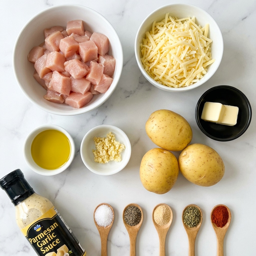 This image shows a top view of cooking ingredients arranged neatly on a white marbled surface. At the top left, there is a white bowl filled with raw pink pieces of chicken. To the right of it, a white bowl holds shredded pale yellow cheese. Below the chicken, a small white bowl contains golden yellow oil, and next to it, another small white bowl holds minced garlic. To the right of these bowls are three whole yellow potatoes. Above the potatoes, there is a black bowl with two small squares of pale yellow butter. At the bottom left of the image is a bottle of Parmesan garlic sauce with a black and yellow label. Along the bottom part of the image, five small wooden spoons are lined up, each holding different spices: white salt, black pepper, light brown garlic powder, green dried herbs, and red paprika. Photo taken with an iphone --ar 4:5 --v 7