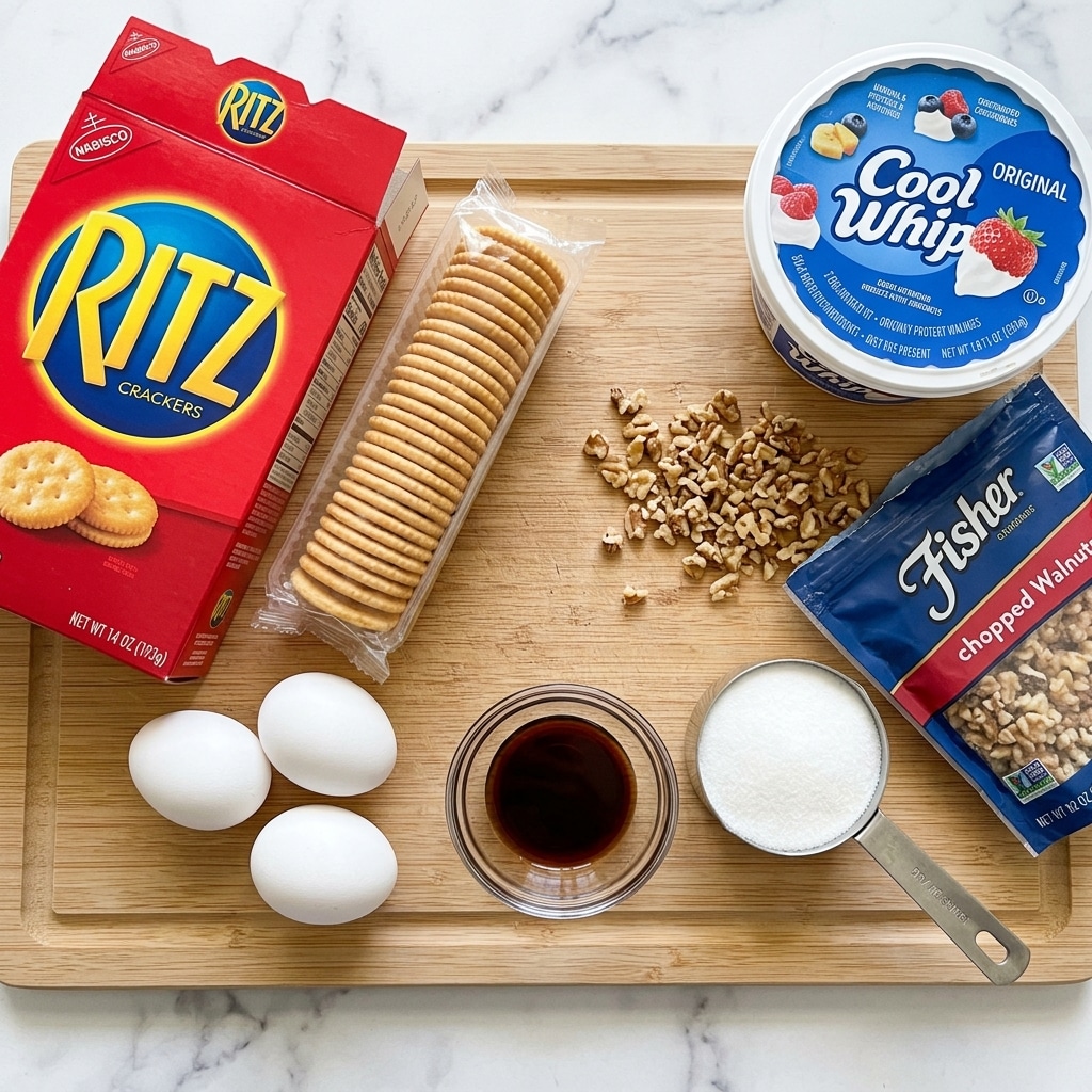 This image shows ingredients for a dessert placed on a light wooden cutting board with a white marbled background. There is a bright red box of Nabisco Ritz crackers on the left, next to an open plastic package with a stack of golden round crackers inside. Below are three white eggs arranged in a small triangle. To the right of the eggs, there is a small clear glass bowl with a dark brown liquid, and next to it, a metal measuring cup filled with white granulated sugar. Above the sugar, there are crushed nuts scattered near a blue bag of Fisher chopped nuts. At the top right is a round white container of Cool Whip Original with a blue lid covered in pictures and text. Photo taken with an iphone --ar 4:5 --v 7