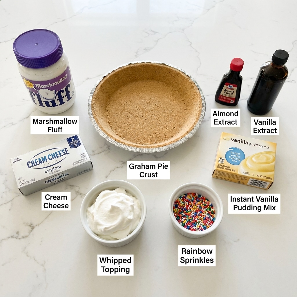 The image shows ingredients for a dessert arranged neatly on a white marbled surface. In the center, there is a graham pie crust with a golden-brown color and crimped edges in a silver foil pie pan. To the left, there is a jar of white marshmallow fluff with a purple lid, and below it, a block of cream cheese in white and blue packaging. Below the cream cheese is a small white bowl filled with smooth, fluffy white whipped topping. On the right side, there are two small dark bottles, one with a red cap labeled almond extract and another taller bottle labeled vanilla extract. Next to them on the bottom right is a small cardboard box of instant vanilla pudding mix with a yellow and white design. Lastly, a small white bowl filled with rainbow confetti sprinkles sits near the whipped topping. All items are labeled clearly with simple black text. photo taken with an iphone --ar 4:5 --v 7