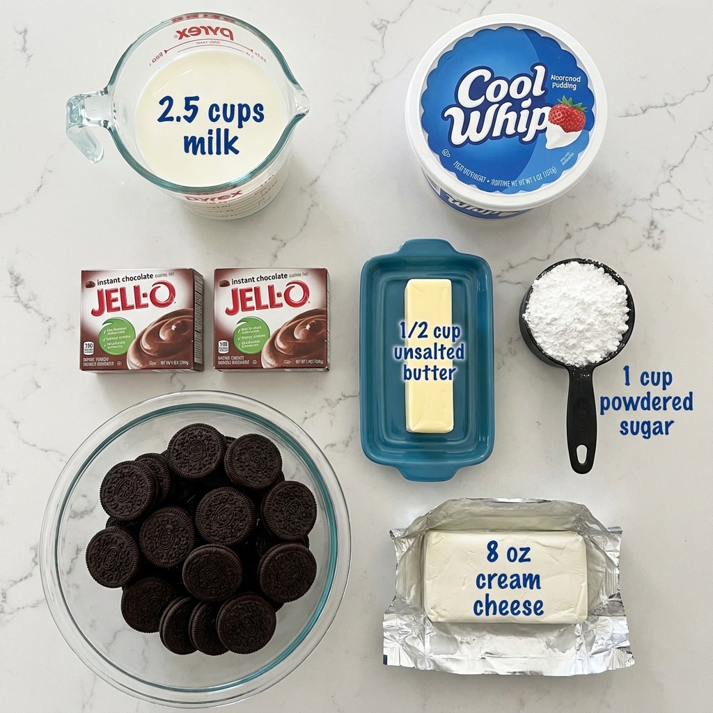 The image shows ingredients for a dessert arranged on a white marbled surface. There is a glass measuring cup filled with white milk labeled