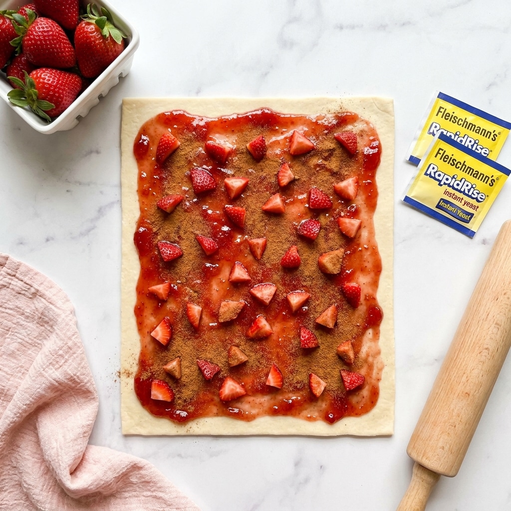A rectangle of light beige dough lies flat on a white marbled surface, topped with a glossy, thin layer of red strawberry jam spread evenly across it. Small, red and white pieces of chopped strawberries are scattered all over the jam, with a generous dusting of brown cinnamon powder sprinkled on top, adding a textured look. To the top left, there is a white rectangular bowl filled with whole fresh strawberries, some with green leaves visible. Next to the dough on the right side, there are two small yellow and blue packets of Fleischmann's RapidRise instant yeast placed near a wooden rolling pin with a light finish. A light pink textured cloth lies gently crumpled on the bottom left corner of the surface. photo taken with an iphone --ar 4:5 --v 7