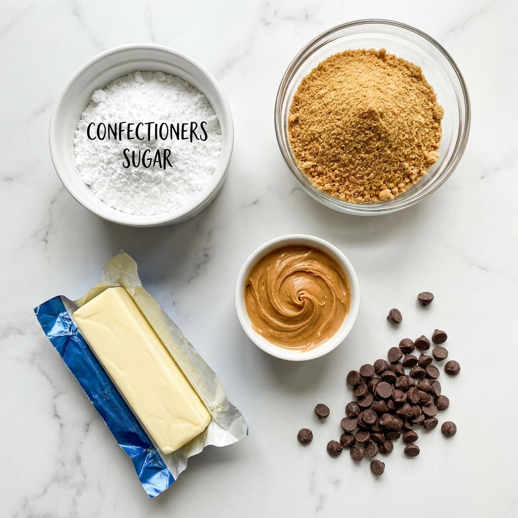 The image shows five ingredients on a white marbled surface. On the top left, there is a white bowl filled with fine white powdered sugar labeled