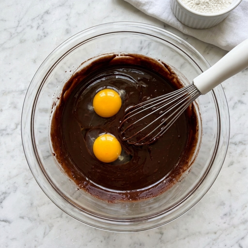 A clear glass bowl sits on a white marbled surface, filled with a dark brown liquid mixture that looks shiny and smooth, with two whole raw egg yolks resting on top. A metal whisk with a white handle is partially inside the bowl on the right side, touching the liquid. The bowl is shown from above in a close-up view, with a white circle containing the number 2 in black on the top left corner. Photo taken with an iphone --ar 4:5 --v 7