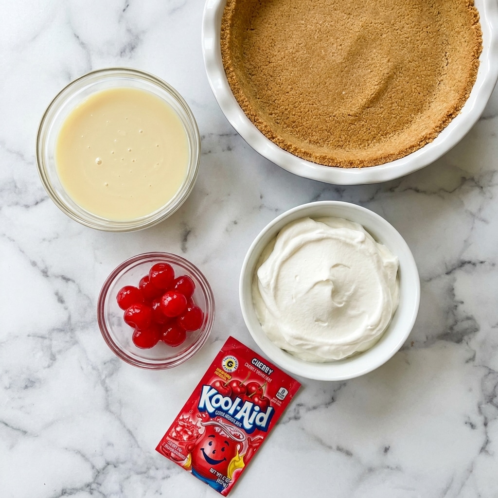 The image shows four main items placed on a white marbled surface: a single golden brown layer of graham cracker crust in a round white pan at the top right, a clear glass bowl with a pale yellow liquid of sweetened condensed milk to the left of the crust, a white bowl filled with smooth, fluffy white whipped topping to the bottom right of the crust, and a small clear bowl filled with bright red maraschino cherries below the condensed milk. A red Kool-Aid packet with cherry flavor lies diagonally at the bottom center. The photo taken with an iphone --ar 4:5 --v 7