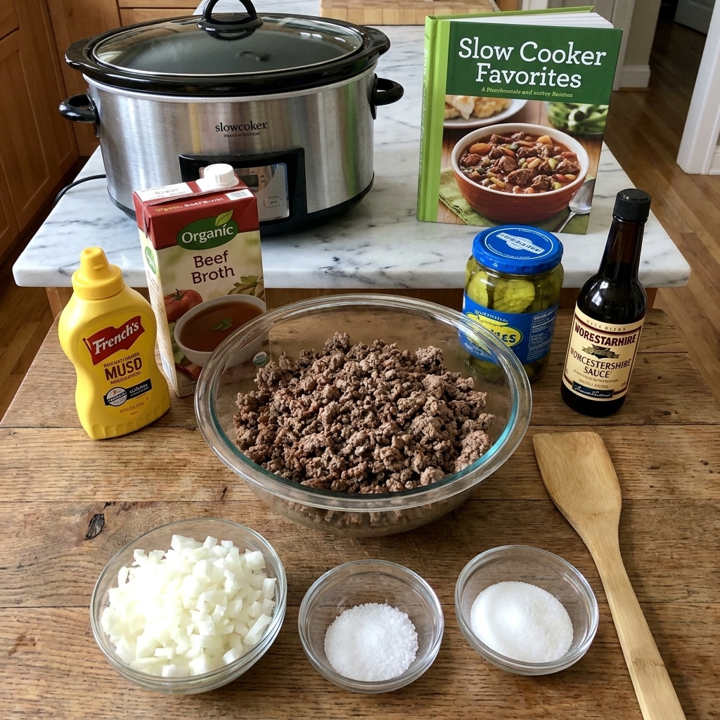 A clear glass bowl filled with cooked ground beef sits in the center on a wooden surface. In front of it are three small clear bowls, one with chopped white onions, one with salt, and one with sugar. To the left of the beef bowl is a yellow mustard bottle and a carton of organic beef broth. To the right of the bowl are a jar of pickles with a blue lid and a dark bottle of Worcestershire sauce. Behind all these items is a large silver and black slow cooker on a white marbled surface, with a green cookbook standing upright nearby. A wooden spatula with a rectangular shape lies flat on the wooden surface next to these ingredients. Photo taken with an iphone --ar 4:5 --v 7