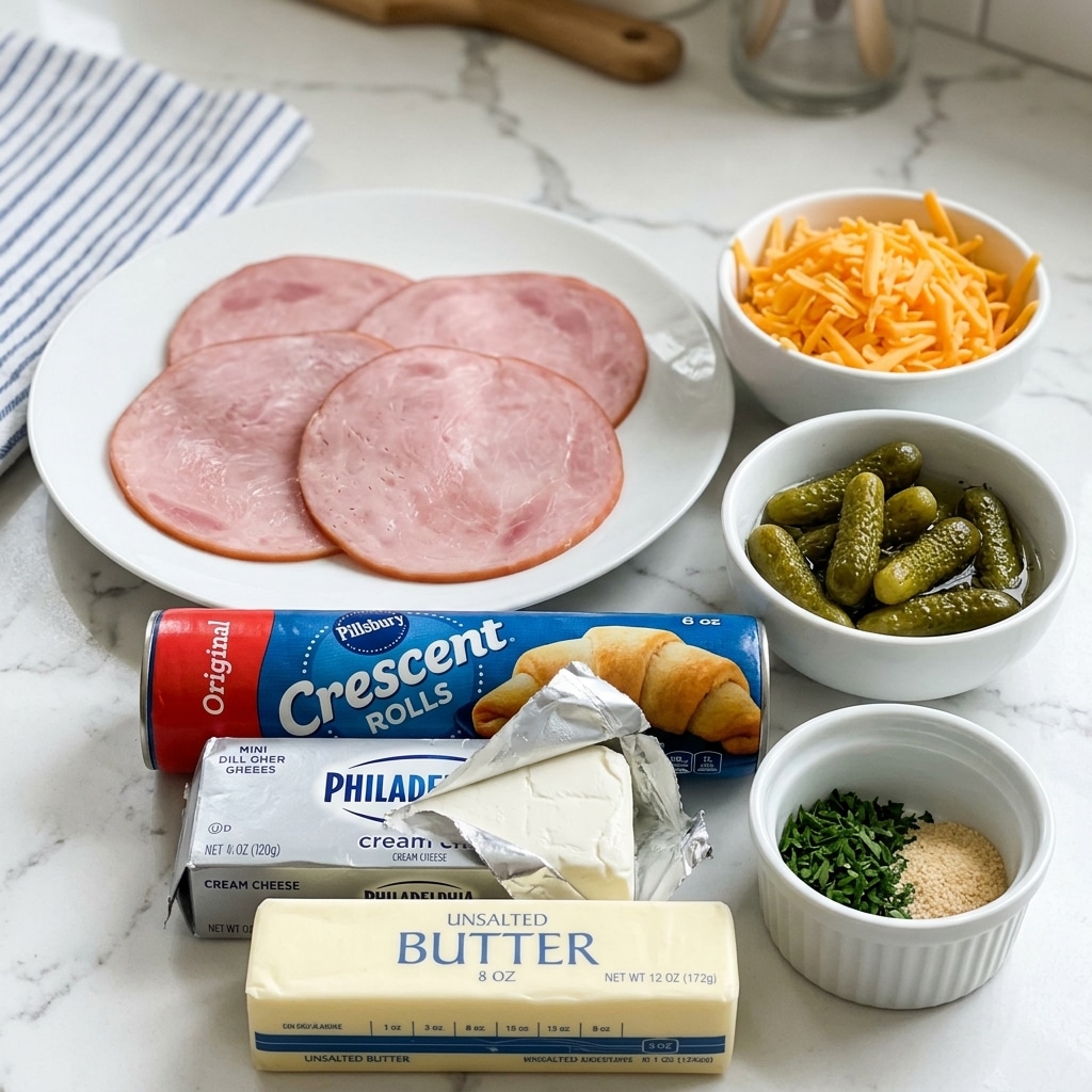 A white plate holds four round, smooth slices of pink ham slightly overlapping each other on the left side. On the right are two white bowls: one filled with bright orange shredded cheddar cheese, which has a thin, soft texture, and below it a bowl of mini dill pickles that are green with bumpy skin and some shine. In front of the ham is a blue and red package of crescent roll dough lying flat with part of a silver foil cream cheese package in front of it. In the lower area, there is a rectangular stick of pale yellow butter with blue writing. Near the front right, a small white dish contains a green parsley and light beige garlic powder mix. The whole setup is arranged on a white marbled surface with a white and blue striped cloth partially seen on the upper left. Photo taken with an iphone --ar 4:5 --v 7
