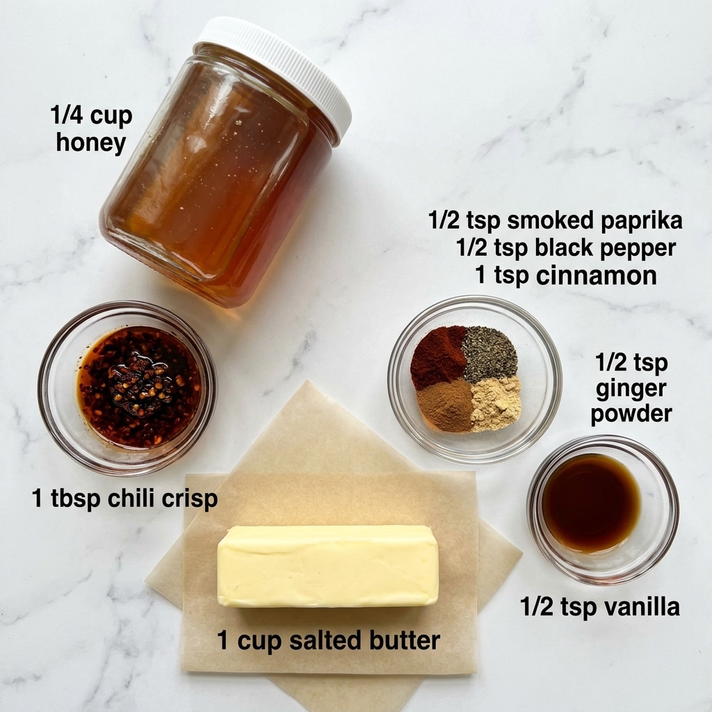 The image shows several ingredients arranged on a white marbled surface with labels describing their amounts. There is a large clear jar of honey with a white lid in the top left corner labeled