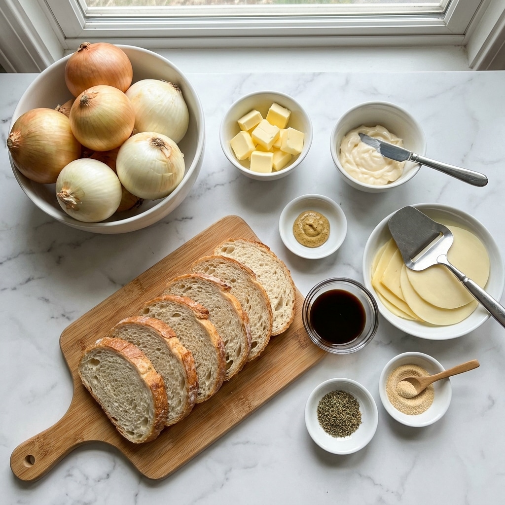 A collection of ingredients for French Onion Grilled Cheese is arranged on a white marbled surface. There are two white bowls: one filled with whole yellow and white onions, another with cubed butter and a knife resting in a white bowl of mayonnaise. A wooden cutting board holds seven slices of bread arranged slightly overlapping in a neat row. A small white dish with a dollop of spicy mustard, a glass bowl with dark Worcestershire sauce, and a white bowl with thin slices of Gruyere and Provolone cheese topped with a metal cheese slicer are also placed nearby. Two small white shakers marked