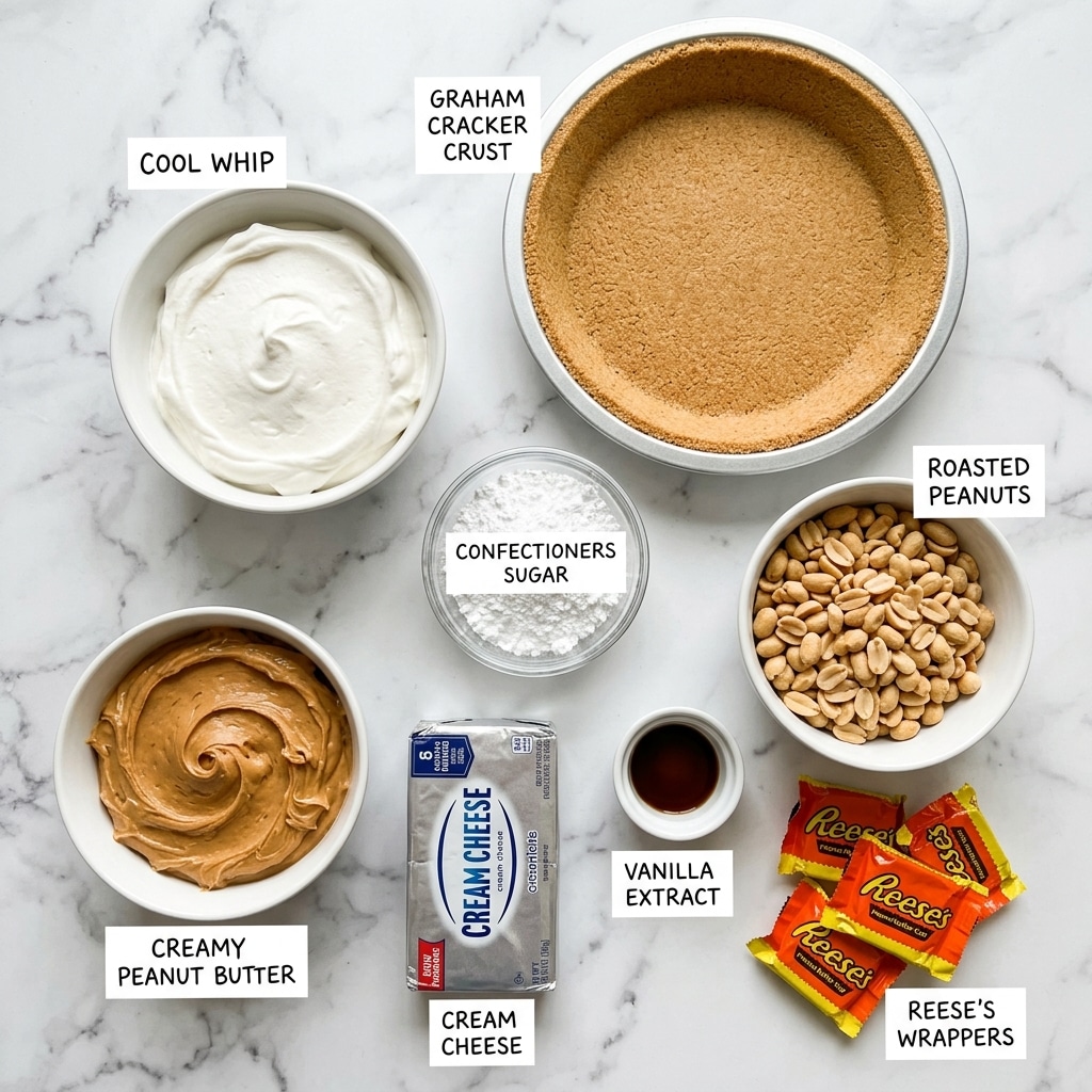 The image shows several ingredients laid out on a white marbled surface. On the top right, there is a pie tin with a golden graham cracker crust that has a smooth, compact texture. To its left, there is a white bowl filled with smooth, white cool whip. Below the cool whip, there is a small clear glass bowl with fine white confectioners sugar. Next to it, to the right, there is a white bowl filled with light brown peanuts. Below the peanuts, on the bottom right, there are several orange Reese's peanut butter cup wrappers. On the bottom left, there is a white bowl with creamy peanut butter, which has a thick and creamy texture with swirls on top. Next to the peanut butter, there is a silver foil wrapped package of cream cheese. Lastly, a small white bowl with dark brown vanilla extract sits to the right of the cream cheese. All ingredients are neatly arranged and labeled. Photo taken with an iphone --ar 4:5 --v 7