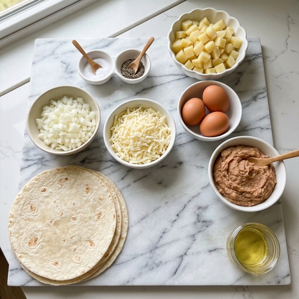 A white marbled surface holds several small white bowls and a stack of three large flour tortillas at the bottom left. The bowls contain different ingredients: diced pale yellow potatoes in a scalloped bowl at top right, three brown eggs in a smooth bowl below that, a creamy light brown scoop of refried beans in a rounded bowl to the right, and cooked bacon rolls with red and white streaks near the center bottom. In the middle left, a pale bowl holds chopped white onion pieces, and next to it is a white bowl filled with shredded white cheese. Above those, a small white bowl contains salt and black pepper side by side. Finally, a small clear glass with golden cooking oil sits at the bottom right corner. All items are neatly arranged on the white marbled surface, photo taken with an iphone --ar 4:5 --v 7