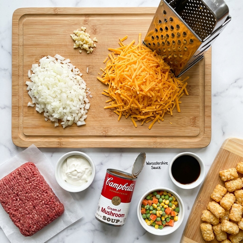 A wooden cutting board sits on a white marbled surface, holding three main piles: finely chopped white onion on the left, a heap of bright orange shredded cheddar cheese in the center with a metal grater leaning on it, and a small pile of minced garlic above the onion. Below the board on the marbled surface are several ingredients: a block of raw ground red beef on white parchment paper, a dollop of white sour cream in a small white bowl, a can of cream of mushroom soup with the lid removed, a small white bowl filled with mixed frozen vegetables including green peas, yellow corn, and orange carrots, a small white cup filled with a dark brown liquid labeled Worcestershire sauce, and a wooden board holding golden frozen tater tots. The overall composition spreads ingredients neatly with bright, natural light. Photo taken with an iphone --ar 4:5 --v 7