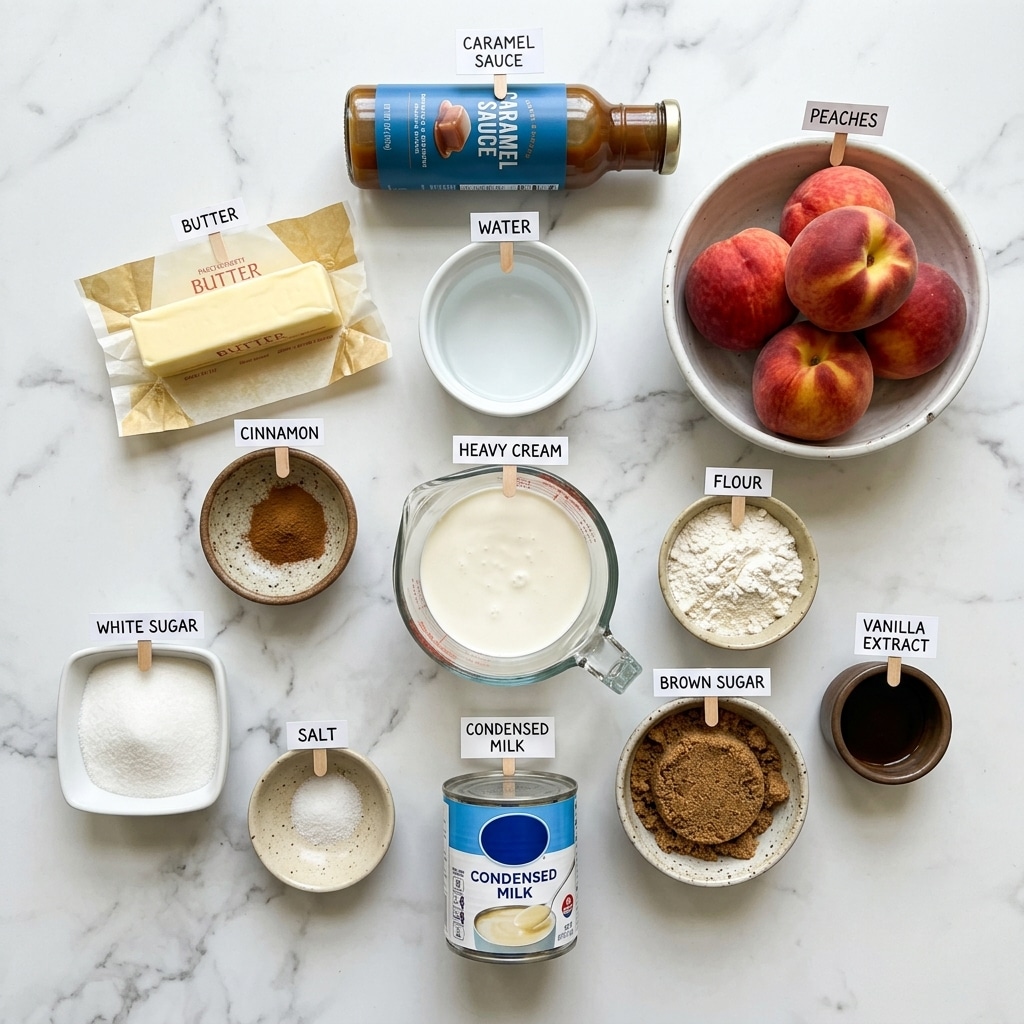 A variety of ingredients are neatly placed on a white marbled surface with labels above each item. At the top center, there is a blue bottle of caramel sauce laying on its side. Near it, to the left, is a small rectangular block of butter wrapped in paper. Below the caramel, there is a small white round bowl of water. To the far right, a white bowl holds four ripe peaches with red and yellow colors. Near the bottom center is a clear measuring cup filled with thick white heavy cream. Surrounding it are small bowls and containers: a small speckled brown bowl of cinnamon powder, a small speckled bowl of flour with light white powder, a square white bowl with white sugar, a small speckled bowl with salt, a speckled round bowl with brown sugar, and a small brown bowl of dark vanilla extract. Near the center bottom is a can of condensed milk with a white and blue label. All items are spread out clearly and evenly across the white marbled background, showing a clean and organized layout photo taken with an iphone --ar 4:5 --v 7
