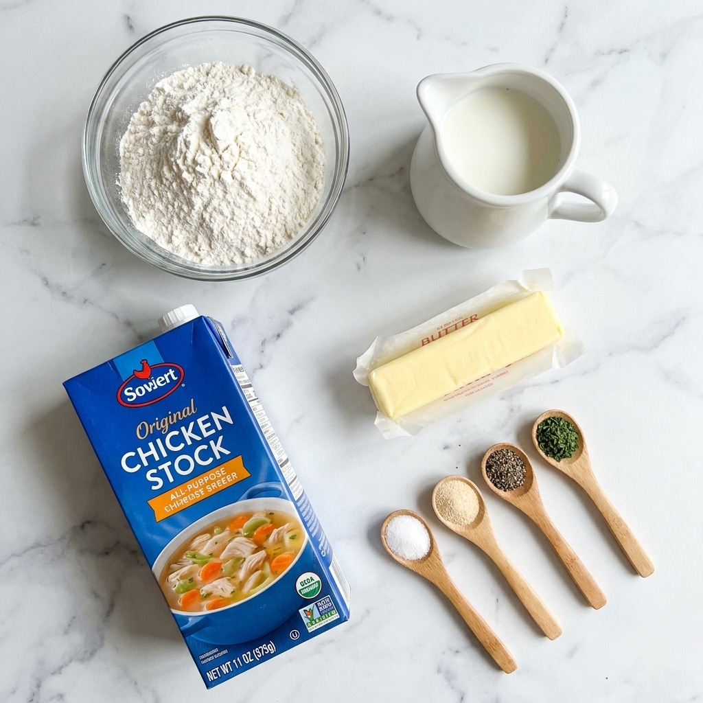 The image shows a white marbled surface with several cooking ingredients arranged neatly. At the top left is a clear glass bowl filled with white all purpose flour. Next to it, on the right, is a small white pitcher filled with milk. Below these, a blue carton of chicken stock is placed diagonally. To the right of the carton is a stick of yellow butter. At the bottom right, four small wooden spoons are lined up diagonally, each holding a different spice: salt with white granules, onion powder with a pale beige color, black pepper with dark specks, and green parsley flakes. The setup looks clean and simple, with each ingredient clearly separated. photo taken with an iphone --ar 4:5 --v 7