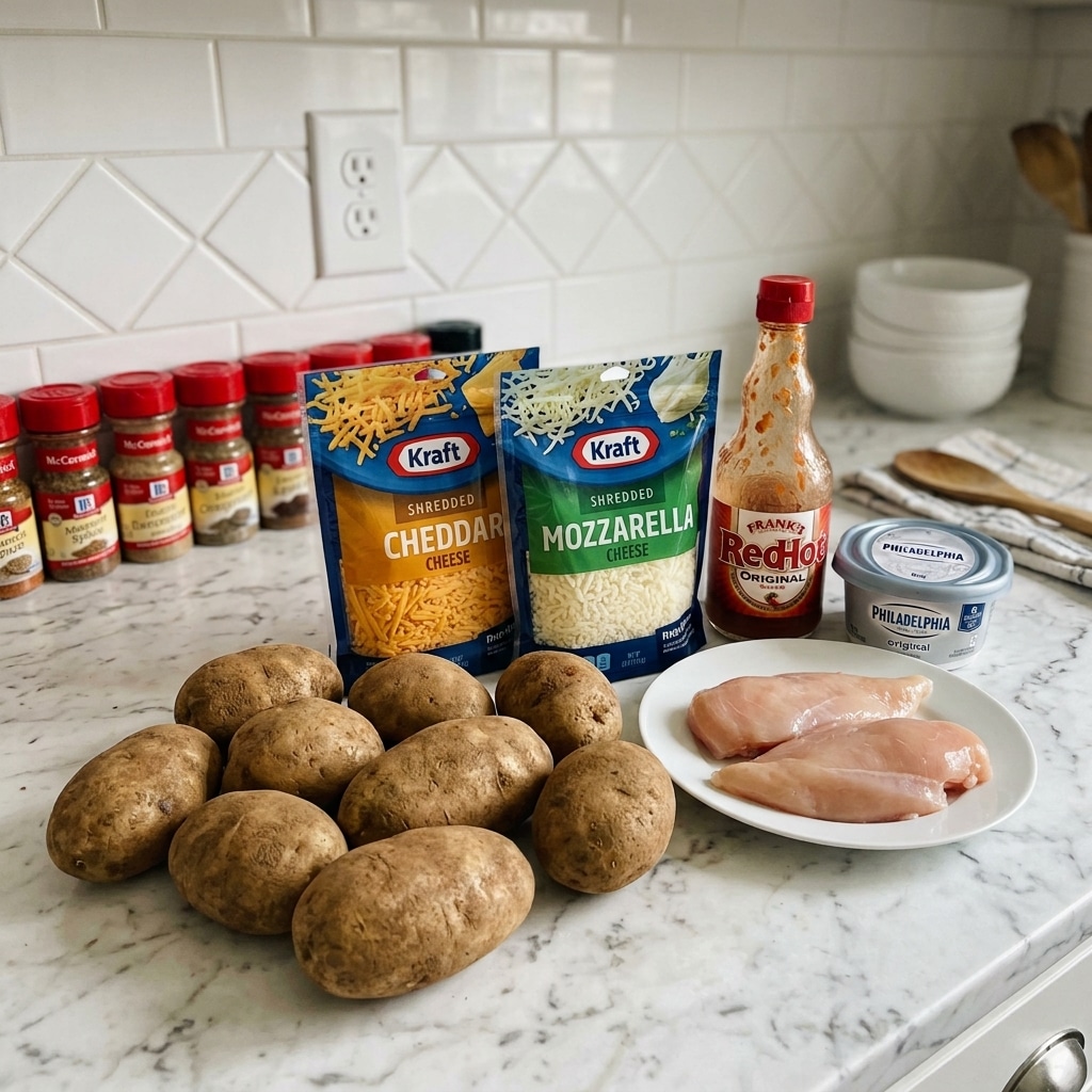 A group of nine raw potatoes with a rough brown skin is spread out on a white marbled surface in the front. Behind the potatoes, two bags of Kraft shredded cheese stand upright, one with yellow cheddar cheese and the other with white mozzarella cheese, both with blue packaging. To the right, a white plate holds two pieces of raw light pink chicken meat. Behind the cheese bags, a bottle of red hot sauce with some sauce stains on the outside is placed next to a container of Philadelphia cream cheese with a blue lid. In the left corner, several McCormick spice bottles with red caps are lined up. The background shows white tiled walls with a diamond pattern, a white electrical outlet, and a white marbled countertop with stacked white bowls. Photo taken with an iphone --ar 4:5 --v 7
