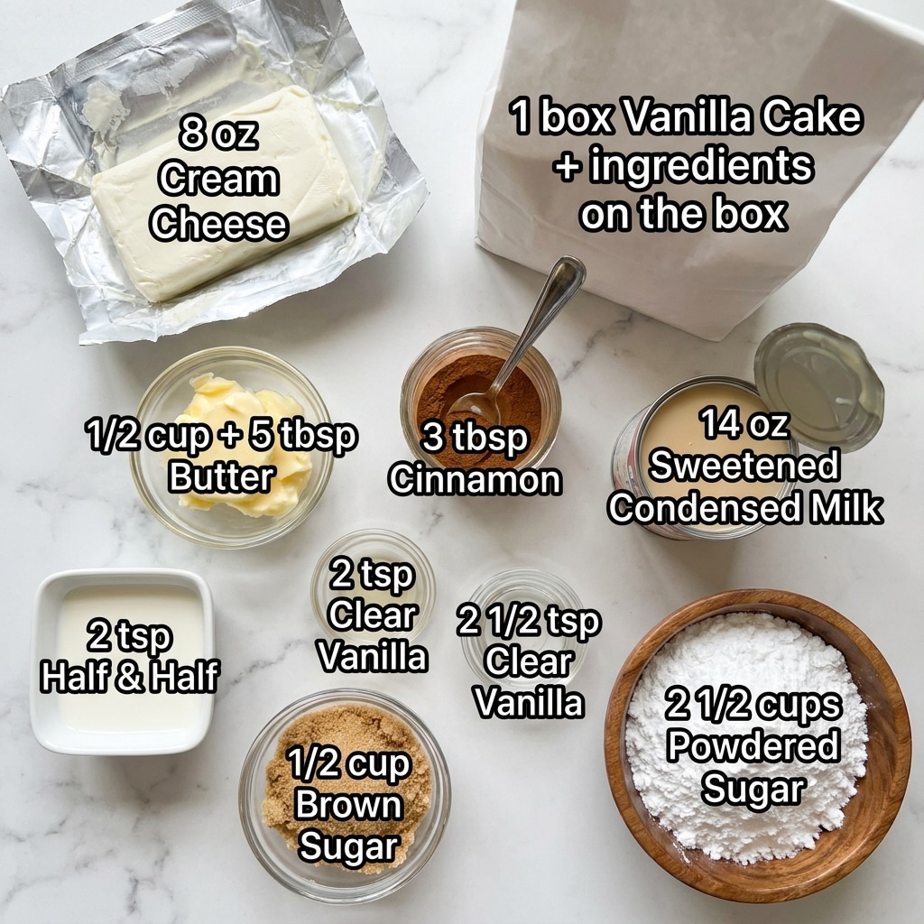The image shows various ingredients for a recipe placed on a white marbled surface. On the top left, there is an opened silver foil package with a block of pale cream cheese labeled