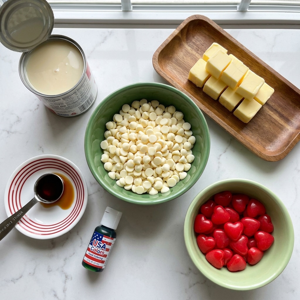The image shows six items arranged on a white marbled surface. In the center is a green bowl filled with many small, round, white chocolate chips. To the top left is an open can showing smooth pale cream condensed milk. To the top right is a wooden tray with small cubes of yellow butter neatly placed on it. At the bottom left is a small white dish with red rings holding a metal measuring spoon of vanilla extract. Next to it is a bottle of green food coloring with a white cap and patriotic label. At the bottom right is a light green bowl filled with shiny bright red heart-shaped candies. photo taken with an iphone --ar 4:5 --v 7